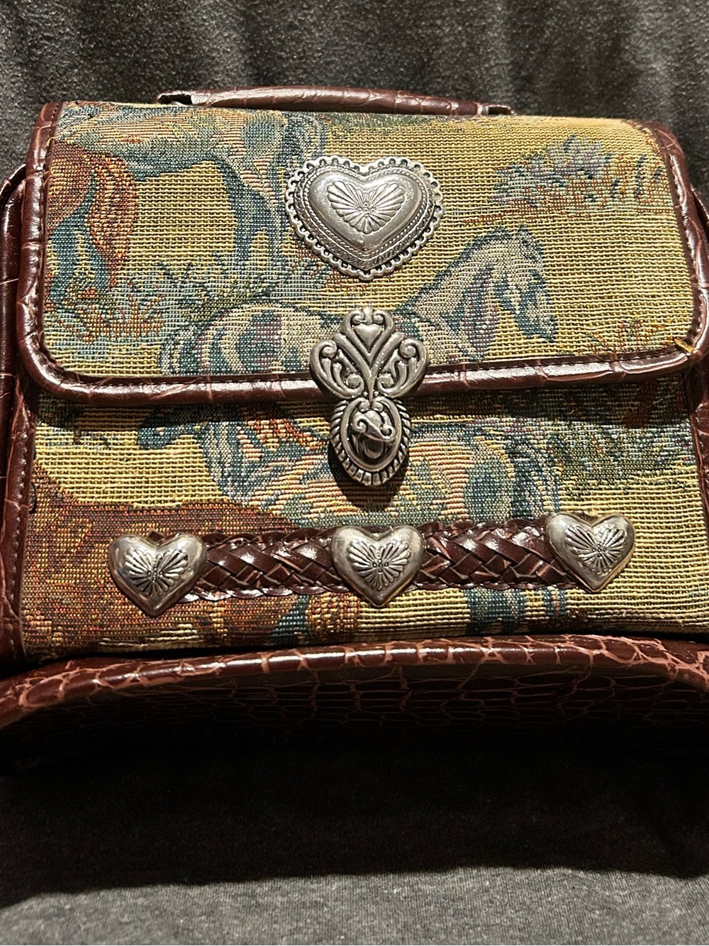 Vintage Brighton Western Horse Tapestry Leather Organizer Handbag Purse Heart